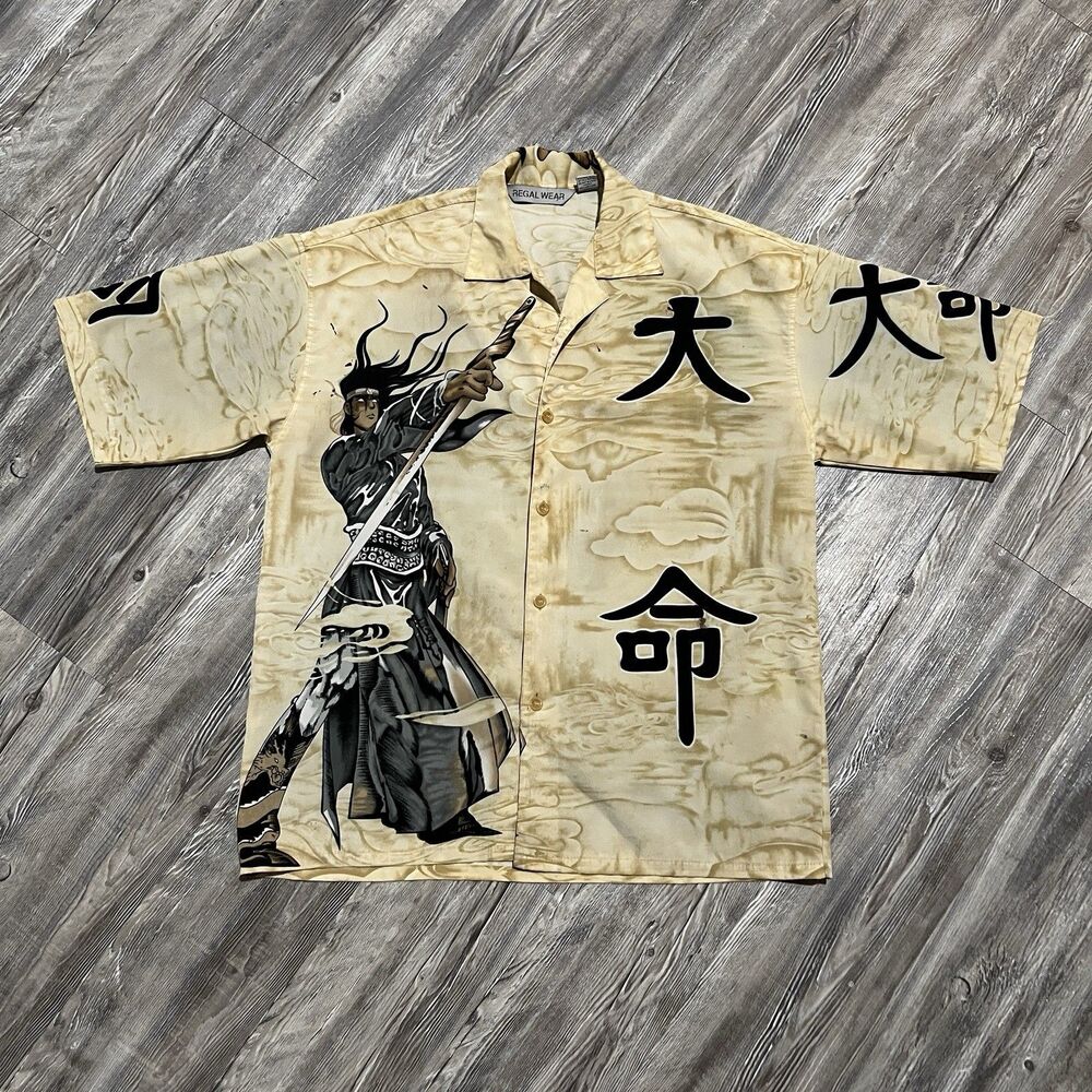 Vintage Samurai Kanji Graphic Button Up Shirt L